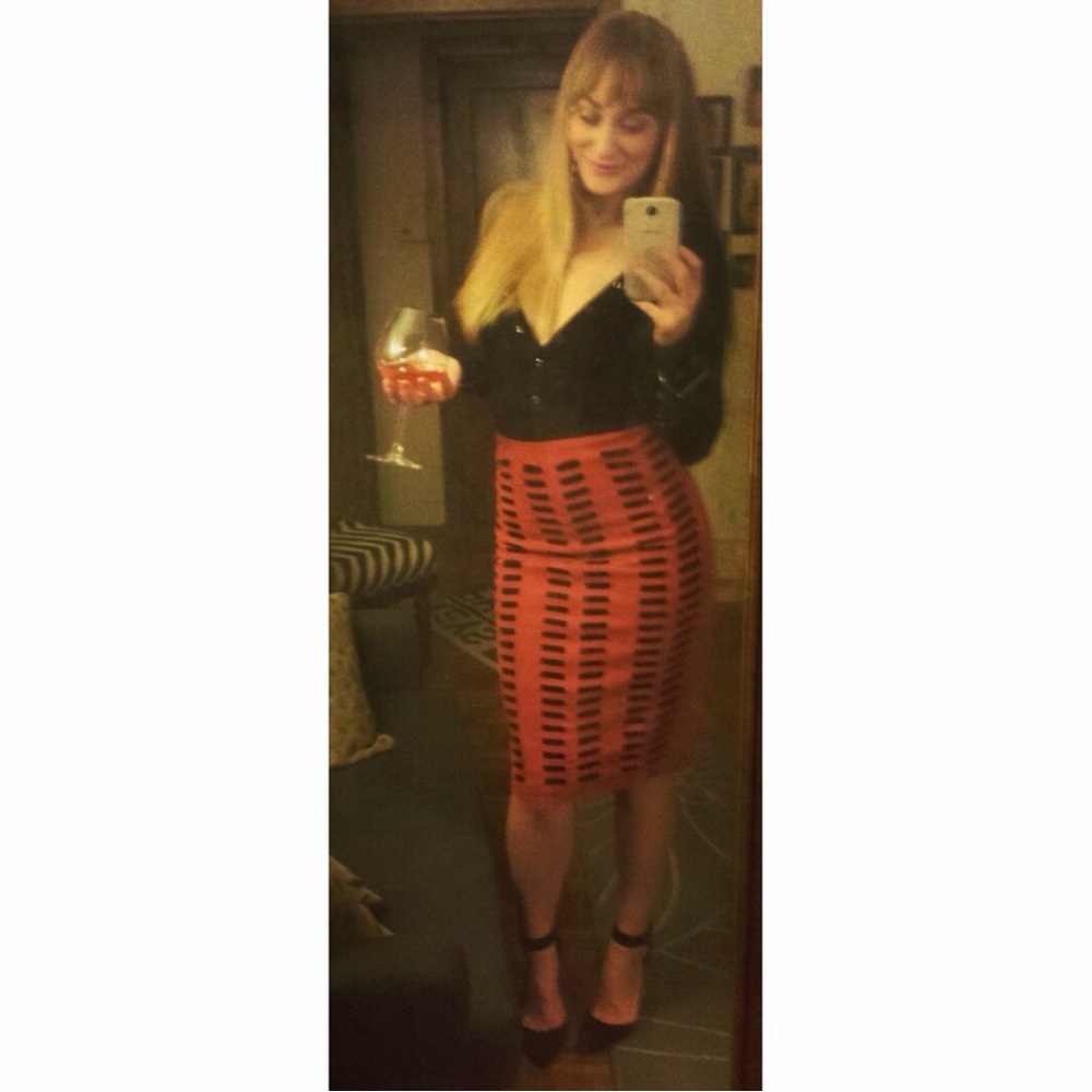 Burnt Orange and Black Patterned Pencil Skirt - Picture 3 of 9